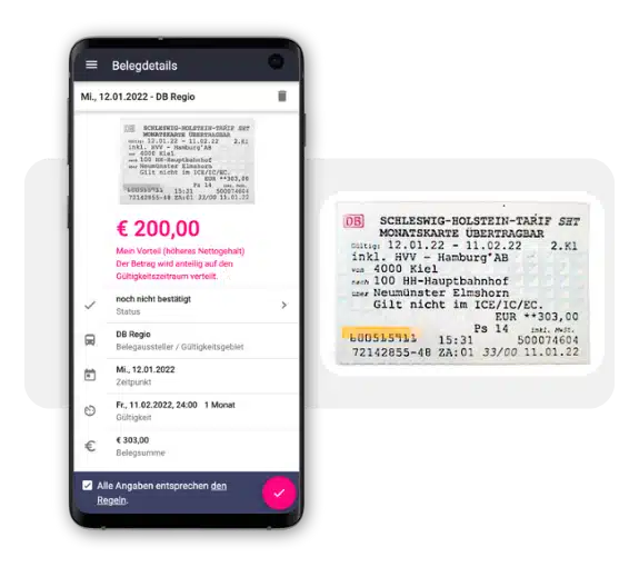 ÖPNV-Zuschuss: Ein Zug-Ticket und daneben ein Handy, über das das Ticket hochgeladen wurde