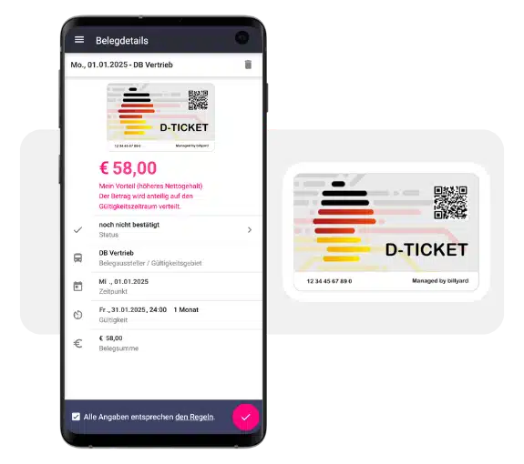 Ein Deutschlandticket-Karte und daneben ein Handy, auf dem das Ticket hochgeladen wurde