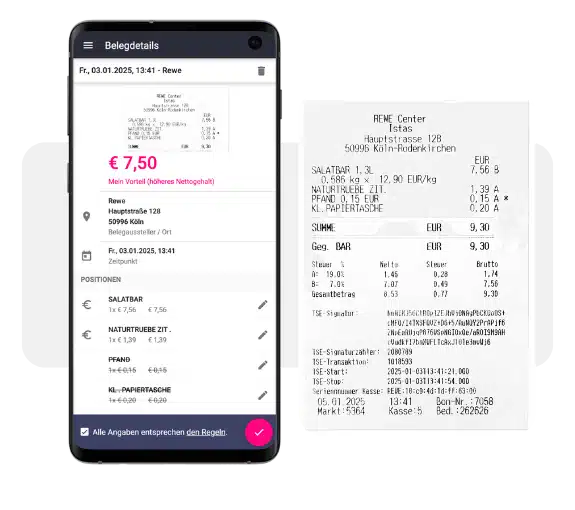 Ein Handy, über das der daneben stehende Beleg hochgeladen wurde
