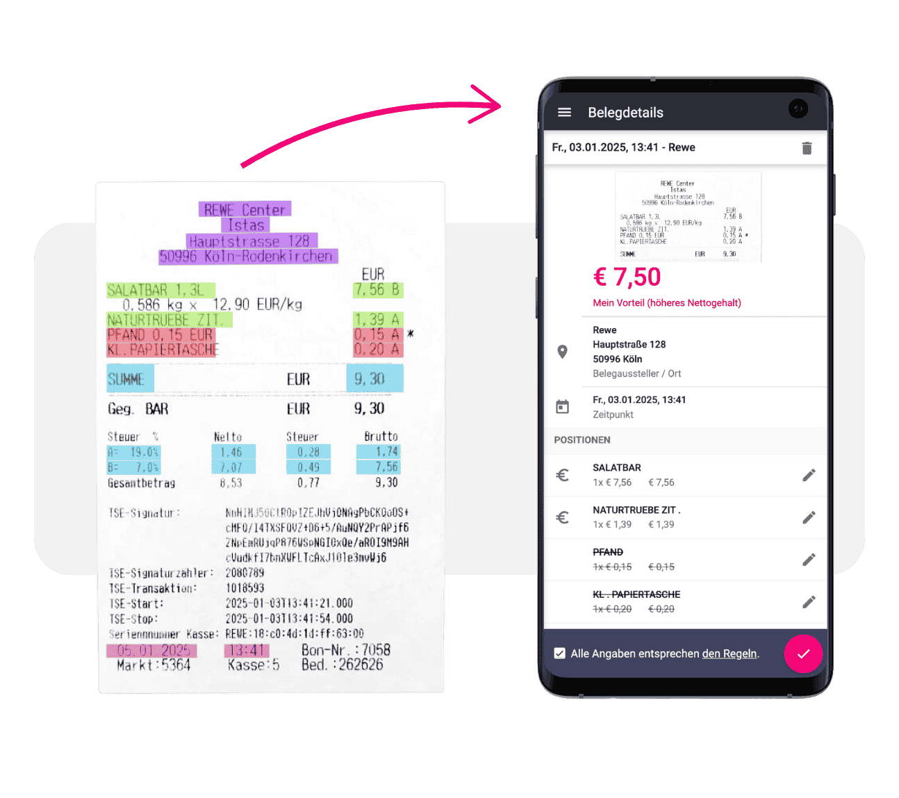 Links ein Kassenbeleg in Papierform, der rechts konvertiert auf einem Smartphone in der billyard-App zu sehen ist.