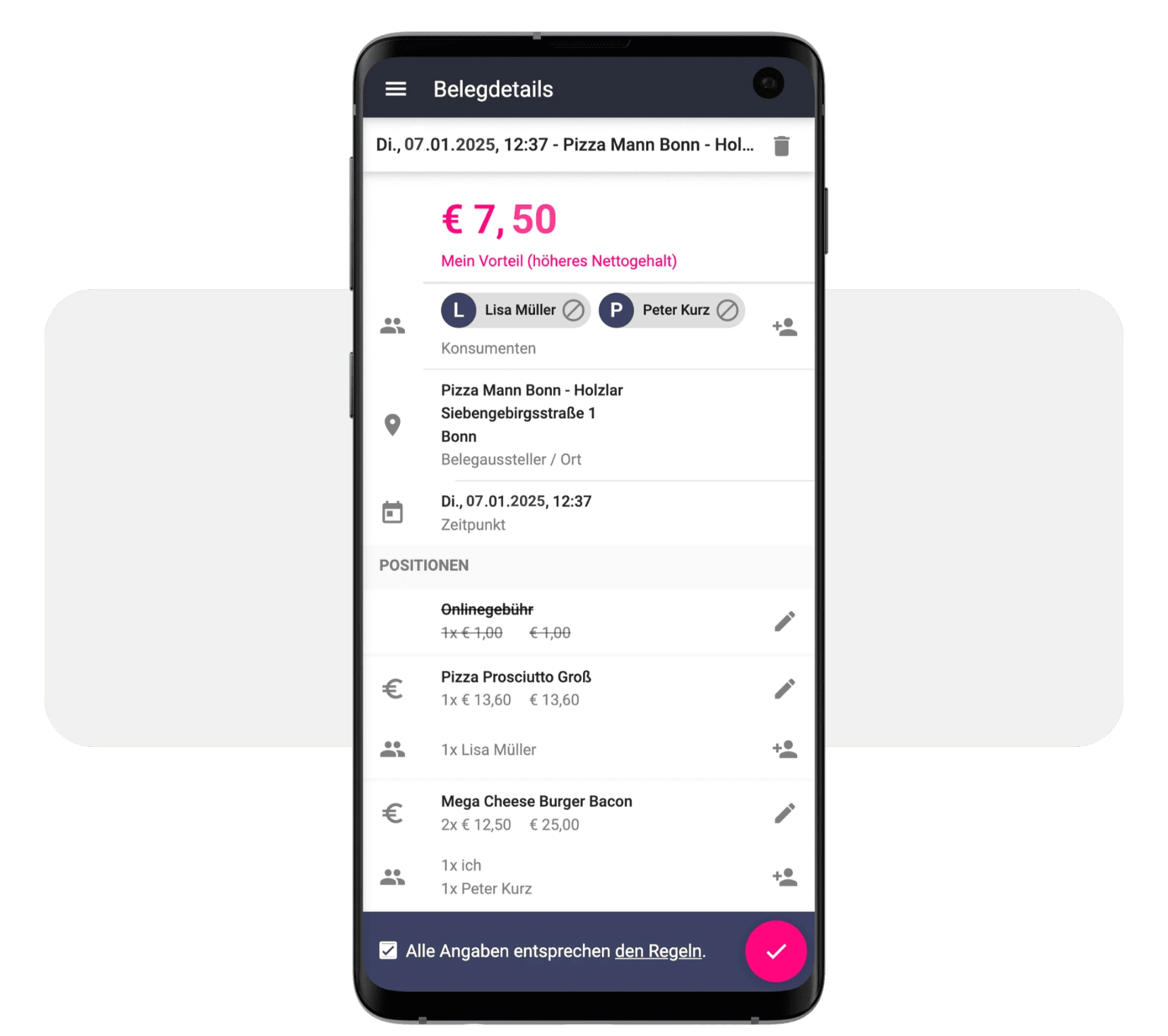 Handy mit geöffneter billyard-App, in der beispielhaft gezeigt wird, wie einfach ein Beleg unter mehreren Kolleginnen und Kollegen aufgeteilt werden kann.