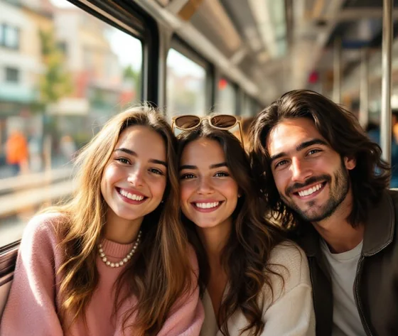 Zwei Frauen und ein Mann in einem Zug im warmen Sonnenlicht.