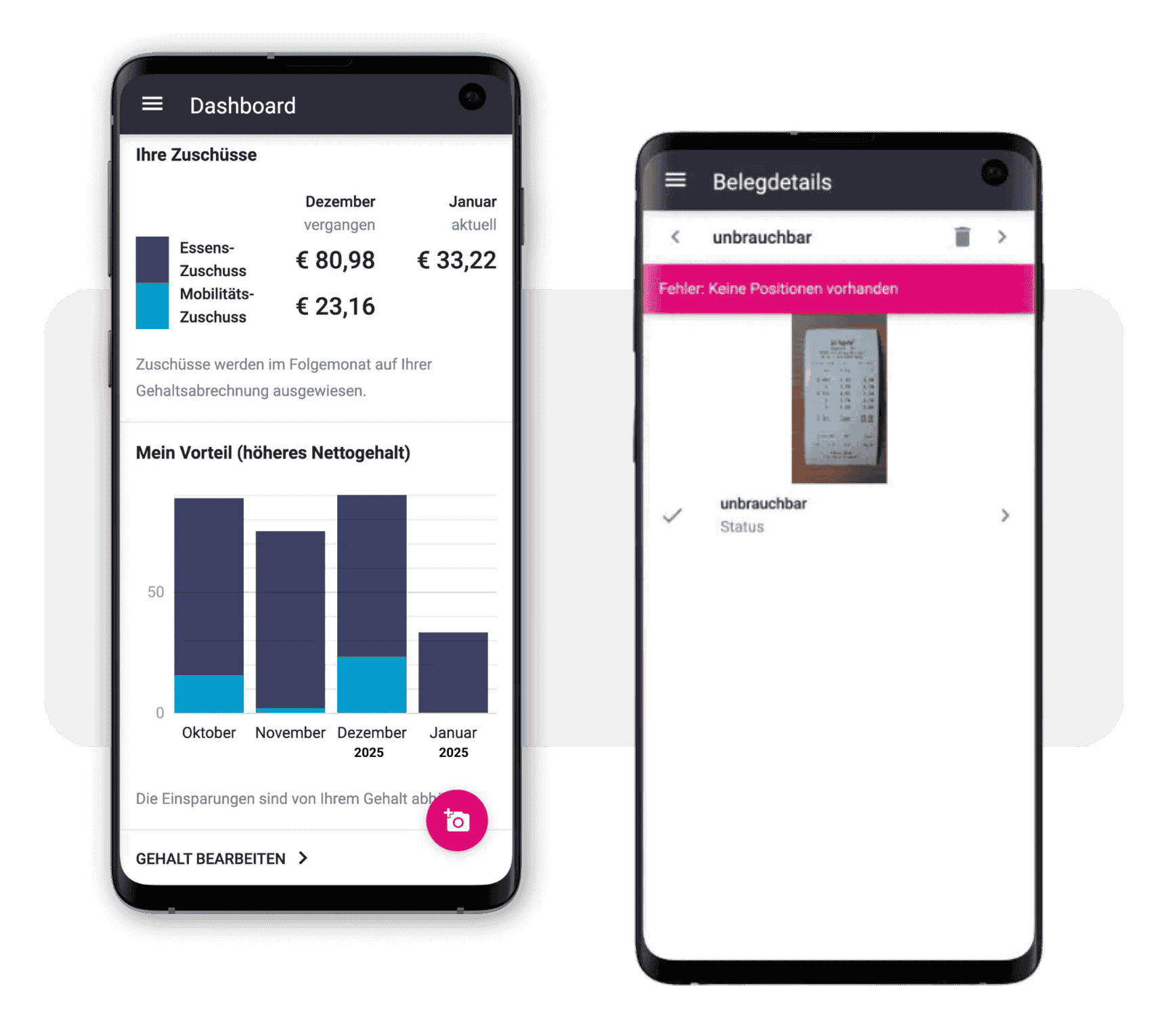 Zwei Handys nebeneinander. Das linke Handy zeigt die billyard-App, auf der die Monatsübersichten der persönlichen Nutzung des Benefit-Budgets zu sehen ist. Auf dem rechten Handy wird die Fehleranzeige der billyard-App gezeigt, wenn keine brauchbare Position auf dem Beleg erkannt wird.