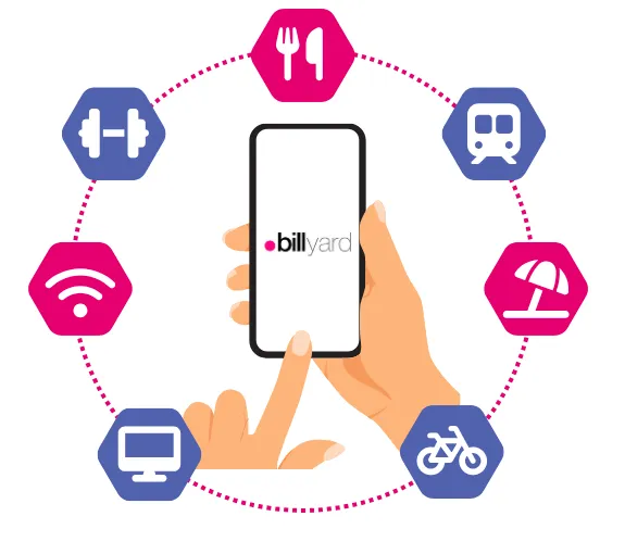 Hand mit Handy in der Hand und bunten Icons drumherum, die die verschiedenen Benefits repräsentieren.