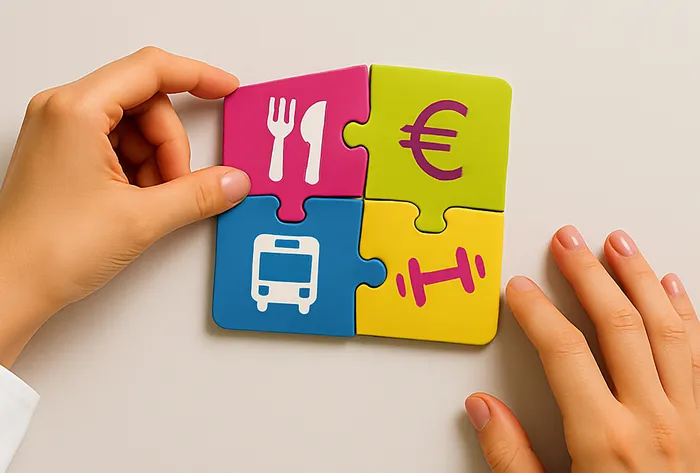 Puzzle-Teile mit Icons, die die einzelnen Benefits repräsentieren (z.B. Bus, Besteck, Hantel)